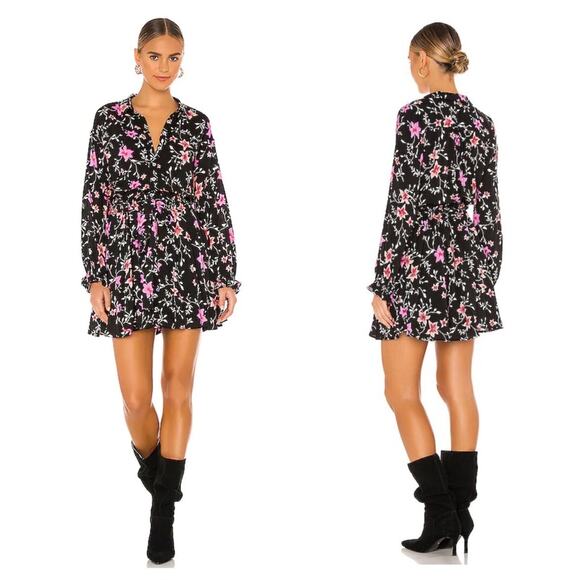 Free People Lighten Up Black Floral Long Sleeve Button Aline Mini Dress XS - Picture 1 of 14